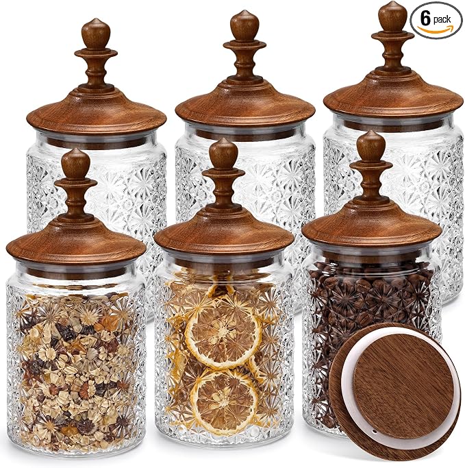 Suclain 6 Pack 24 oz Vintage Glass Jars with Wooden Crown Lids, Decorative Jars with Star Pattern, Airtight Glass Food Storage Containers for Tea Coffee Spice Pantry Organization