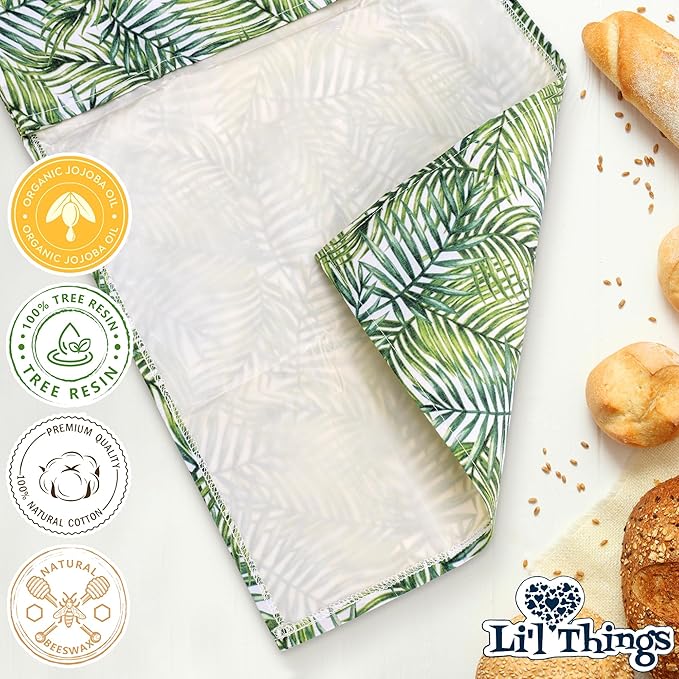 Sourdough Bread Bag – Reusable Beeswax Bread Storage Bags 2.0 (2 Sizes), Cotton-Layered, Breathable Bread Storage, Plastic-Free Kitchen Storage – Palm Leaves
