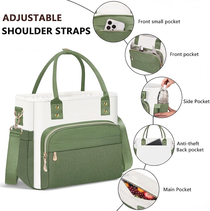 MIYCOO Lunch Bag Lunch Box Women - Leakproof Insulated Lunch Cooler Bag for Women - Large Lunch Tote Bags Adults, Green White