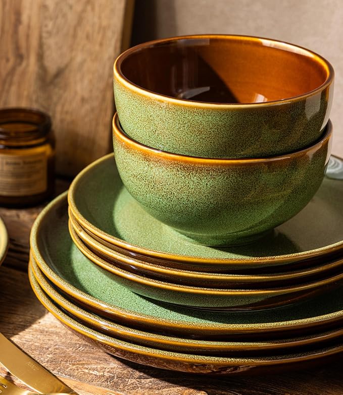 LERATIO Ceramic Dinnerware Sets for 4, 12 Pieces Ceramic Plates and Bowls Sets, Scratch Resistant Dish Set, Oven, Microwave & Dishwasher Safe-Sage Meadow Green