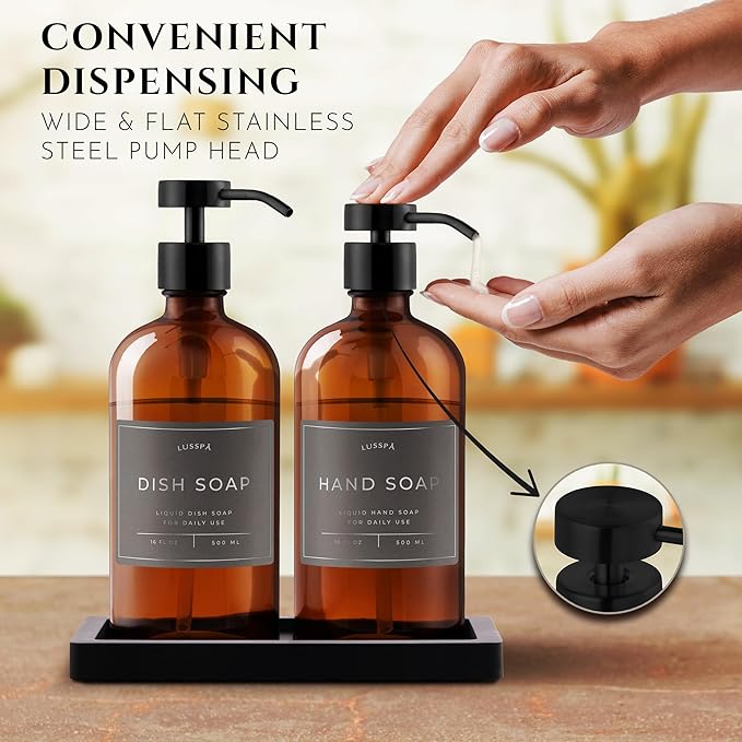 Glass Soap Dispenser Set of 2 (Amber) with Silicone Tray | Hand and Dish Soap Dispenser for Kitchen and Bathroom | 16.8 Oz Glass Bottles with Stainless Steel Pump & 15 Waterproof Labels (Amber/Black)