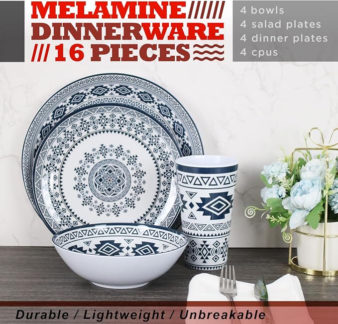 Melamine Dinnerware Set for 4-16 Pcs:Camping Dishes Set with Dinner Plates,Salad Plates, Bowls and Cups.Lightweight and Unbreakable.Indoor and Outdoor Use.