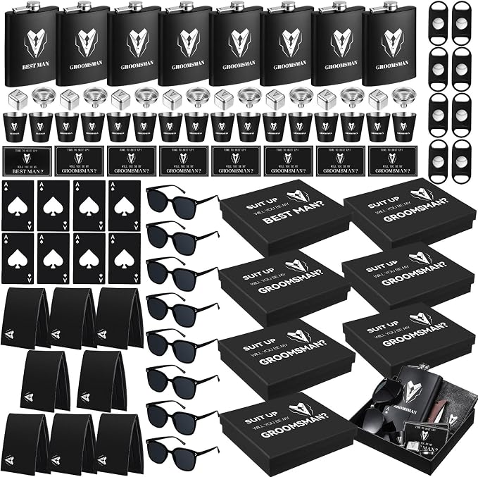 Mimorou 88 Pcs Groomsmen Proposal Gifts - Shot Glasses, Stainless Steel Ice, Flask, Funnel, Gift Boxes, Sunglasses, Knives, Bottle Opener, Cards, Wallets for Wedding Groomsmen Present Set (Retro)