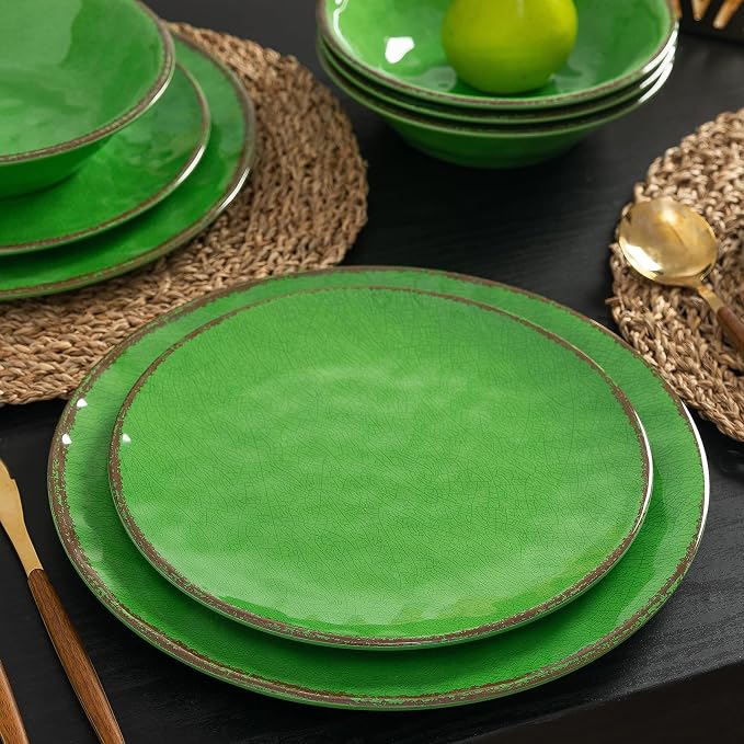 LEHAHA Vintage Crackle Melamine Dinnerware Sets, 12 Piece Plates and Bowls Sets, Great for Camping, RV. Durable and Chip Resistant Farmhouse Dishes Set, Service for 4(Green)