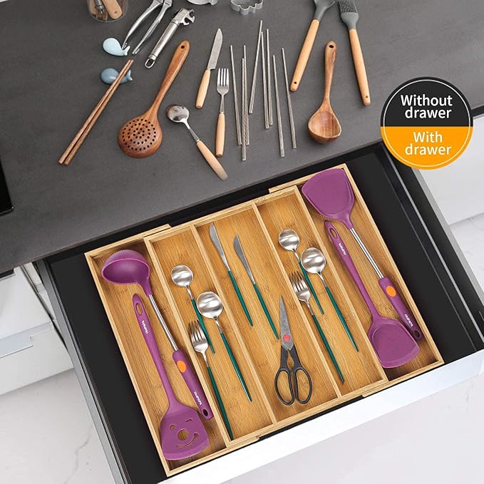 Utoplike Bamboo Expandable Kitchen Drawer Organizer and Bamboo Cutlery Tray Silverware,(11.5"-18") W X 15" H X 2.4“D (Small)