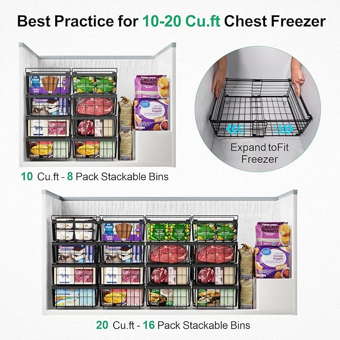 iSPECLE 4 Pack Freezer Organizer Bins - Fit 10 to 20 Cu.Ft Deep Freezer, Expandable Wire Storage Chest Freezer Baskets for Frozen Food, Stackable with Handles, Black