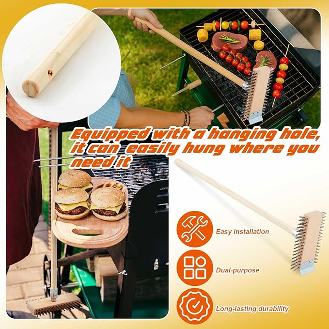 2 Pcs Stainless Steel Grill Brushes, Grill Scraper with 30'' Long Wooden Handle Commercial Oven Charbroiler Cleaning Brush for Outdoor Kitchens BBQ Restaurants