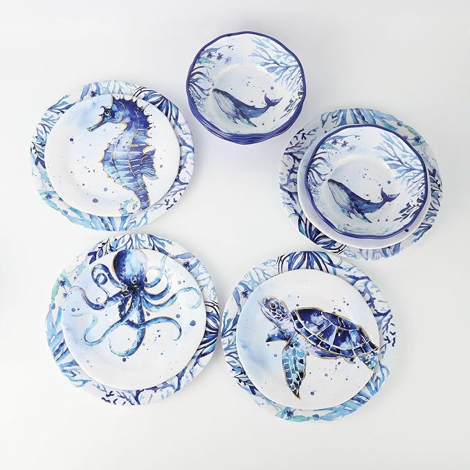UPware 12 Piece Indigo Sea Life Melamine Dinnerware Sets, Outdoor Dishes Set, Plates and Bowls Sets, Service for 4, Blue