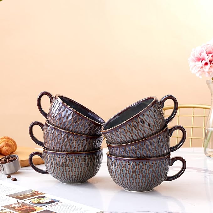 Coffeezone Set of 6 Cups Vintage Design 12 oz Professional Barista Ceramic Latte Art Cappuccino Cups Set (Embossed Grey * 6)