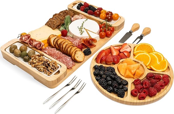 Charcuterie Boards Gift Set - Large Bamboo Cheese Board with Serving Tray, Knives and Bowls for Meat, Cheese and Crackers, for Mom, Housewarming, Wedding, Birthday Gifts for Women