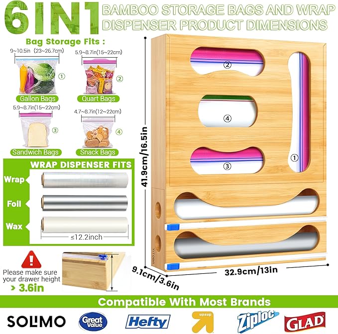 Thicker Bag Storage Organizer, Bamboo Baggie Holder With Aluminum Foil Dispenser, Foil and Plastic Wrap Holder With Cutter, 6 in 1 Sandwich Bag Storage for Drawer Kitchen