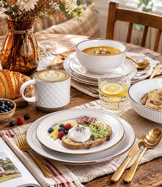 GBHOME Dinnerware Sets for 4, Farmhouse Style Stoneware Plates and Bowls Sets, 12 Pieces Embossed Scratch Resistant Dishes, Dishwasher & Microwave Safe, White