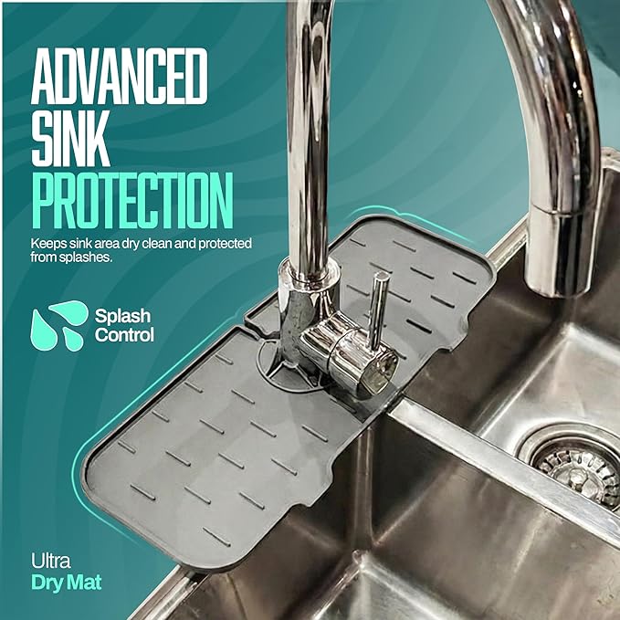 3-Pack Silicone Faucet Mat (14.75”) for Kitchen & Bathroom Sink, Extra-Wide Drip Catcher & Splash Guard Set, Quick-Draining Countertop Protector for Sponge, Soap, and Accessories