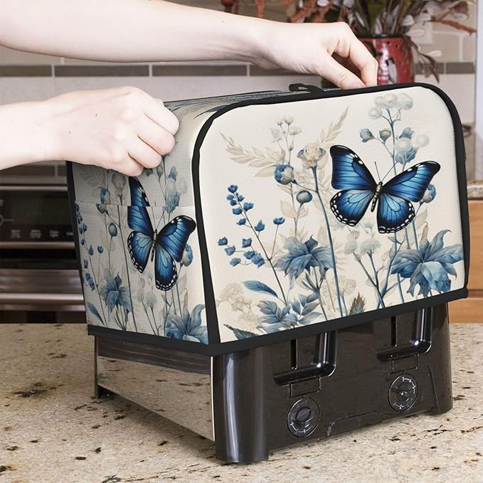 Toaster Cover 2 Slice Butterfly Blue Flower Boho Kitchen Small Appliance Covers with Pockets Dust and Fingerprint Protection