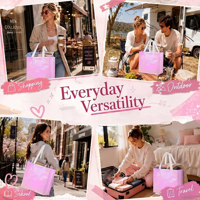Eccliy Reusable Gift Bags Set Glossy Grocery Gift Tote Bag with Handle for Wedding, Bridal Shower, 4th of July, Summer Event(12 x 11 x 4.7 I Inch,Holographic Pink,60 Pcs)