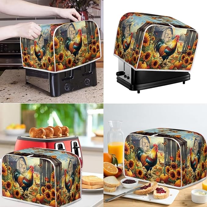 Rooster Toaster and Blender Cover Set Sunflower Dust Protective Cover for Kitchen Small Appliance Washable Bread Maker Covers