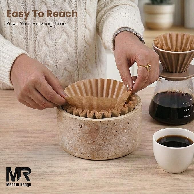 Marble Coffee Filter Holder – 6 inch Handmade Travertine Coffee Filter Holder with Lid, Storage Organizer for Kitchen Countertop & Bar Decor