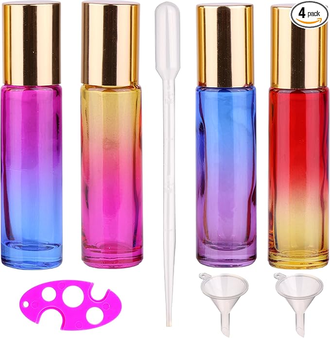 inice 4 Pack 10ml Roller Bottles for Essential Oils,Gradient Color Glass Bottle Roll on Stainless Steel Ball with Golden Metal Cap