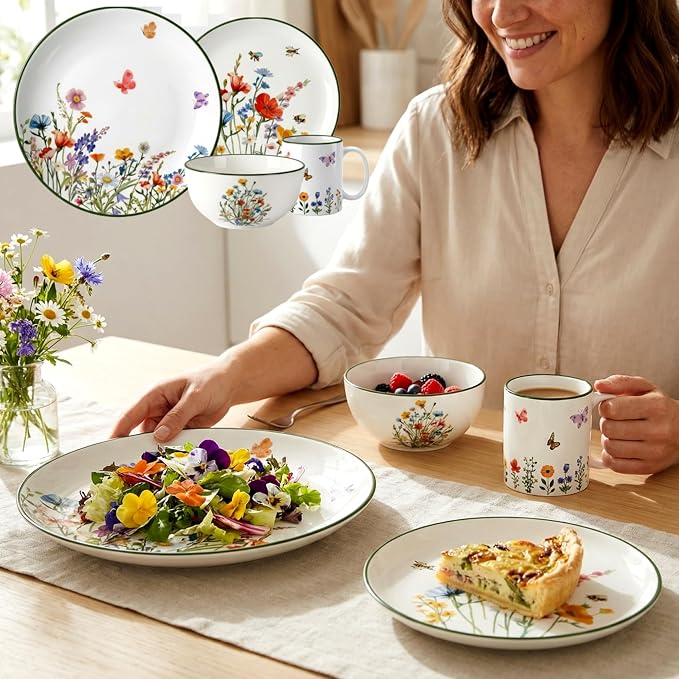 Pickmesh 16 Pcs Wildflower Ceramic Dinnerware Set for 4 Guest Floral Dish Set Spring Butterfly Dinner Plates Salad Plates Bowl Mug Kitchen Gift for Spring Kitchen Holiday Party Decoration