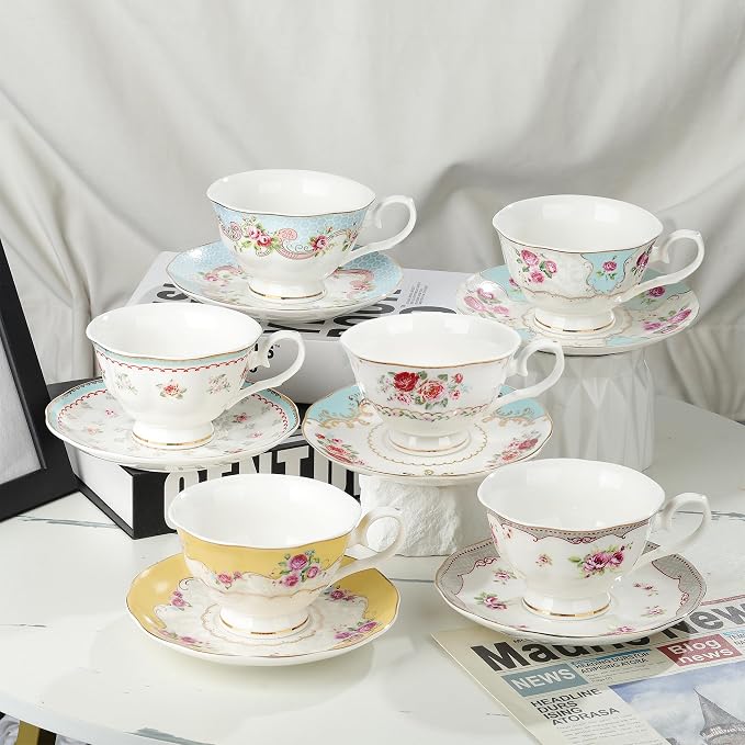fanquare Colorful Floral Porcelain Coffee Cups with Saucers, British Tea Cups Set for 6, Classic Rose Tea Party Set for Women
