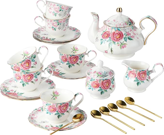 15 Piece British Bone China Tea Cup Sets, Elegant red Rose Pattern, Cups and Saucers Service for 4, with Teapot Sugar Bowl Cream Pitcher Teaspoons for Tea/Coffee, Gifts Set for Adults.