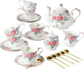 15 Piece British Bone China Tea Cup Sets, Elegant red Rose Pattern, Cups and Saucers Service for 4, with Teapot Sugar Bowl Cream Pitcher Teaspoons for Tea/Coffee, Gifts Set for Adults.