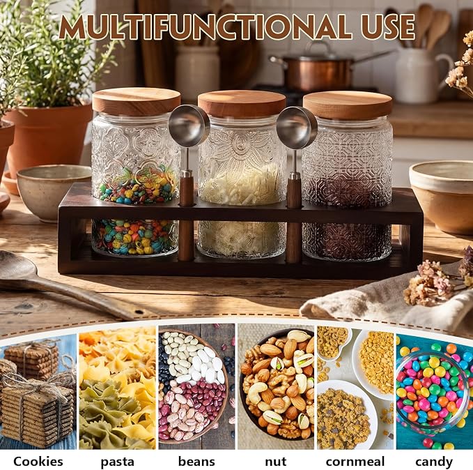 Suclain 3 Pcs 34 oz Glass Coffee Grounds Container with Shelf Glass Coffee Bean Storage Canisters with Airtight Lid and Measuring Spoon Food Storage Jars for Kitchen Sugar (Elegant Style)