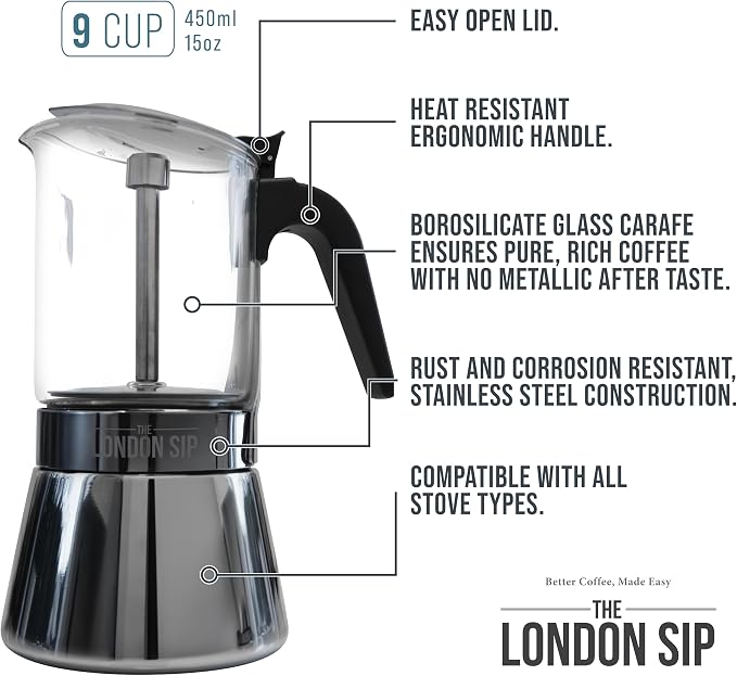 The London Sip Glass and Stainless Steel Stovetop Espresso Maker, Moka Pot Italian Coffee Percolator, Large (15.2 oz)