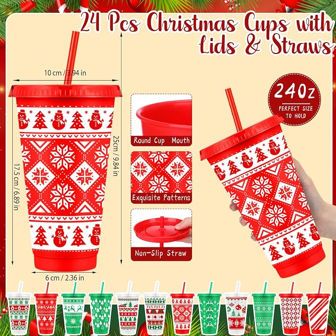 Feifeiya 72 Pcs/ 24 Set Christmas Bulk Gifts for Coworkers 24 oz Christmas Tumbler with Lids and Straws Xmas Pens Notepads Set Reusable Plastic Cups Gift for Xmas Holiday Party Supplies Employee