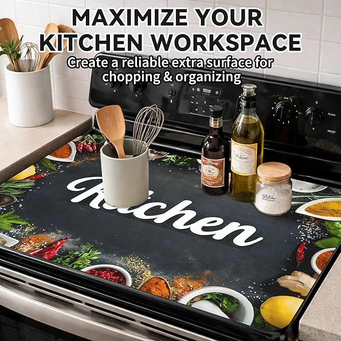Decorative Stove Top Covers for Electric Stove 28"x20" – Heat Resistant Glass Cooktop Protector Dish Drying Mat – Non-Slip Rubber Backing Washer Top Cover Waterproof Extra Counter Space (Kitchen 5)