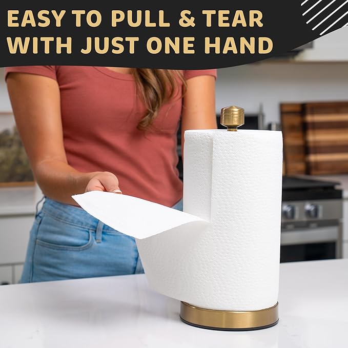 Heavy-Duty Stainless Steel Paper Towel Holder - Easy One-Handed Tear with Suction Cups - Modern Weighted Standing Countertop Dispenser for Kitchen - Holds All Paper Towel Rolls, Gold