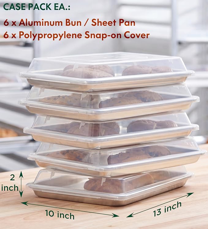 6-Pack 1/4 Size Sheet Pan with Cover Set (12 Piece Bundle), Dishwasher Safe Baking Pans & NSF Certified Polypropylene Lids, Compact Quarter Bun Pan for Meal Prep, Baking & Storage - Silver/Translucent