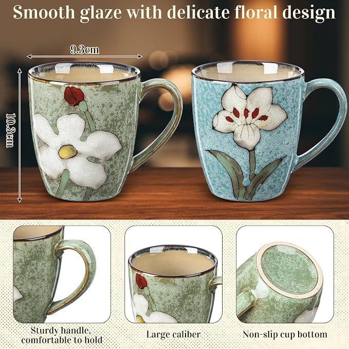 Maxdot 2 Pcs 12oz Ceramic Coffee Mugs Sets Glazing Process Cappuccino Mug Floral Ceramic Tea Cups Idea Gift Set for Women Porcelain Cup for Coffee, Cocoa, Tea, Latte (Retro) (Fresh)
