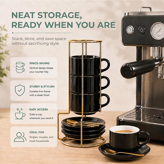 3 Ounce Espresso Cups Set of 4, Stackable Demitasse Mugs, Includes Display Stand, Cups Saucers, and Spoons, for Machines & Home Use, Black, Gold Tone