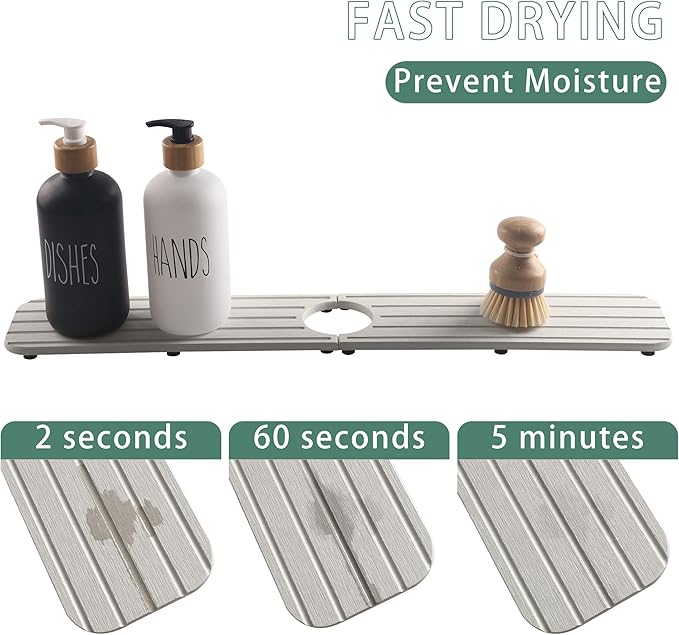 NiuYichee 23.6inch x 4inch Kitchen Sink Faucet Mat, Water Absorbing Stone Faucet Splash Guard for Bathroom Counter, Quick Drying Diatomite Tray for Kitchen Sink, Light Gray