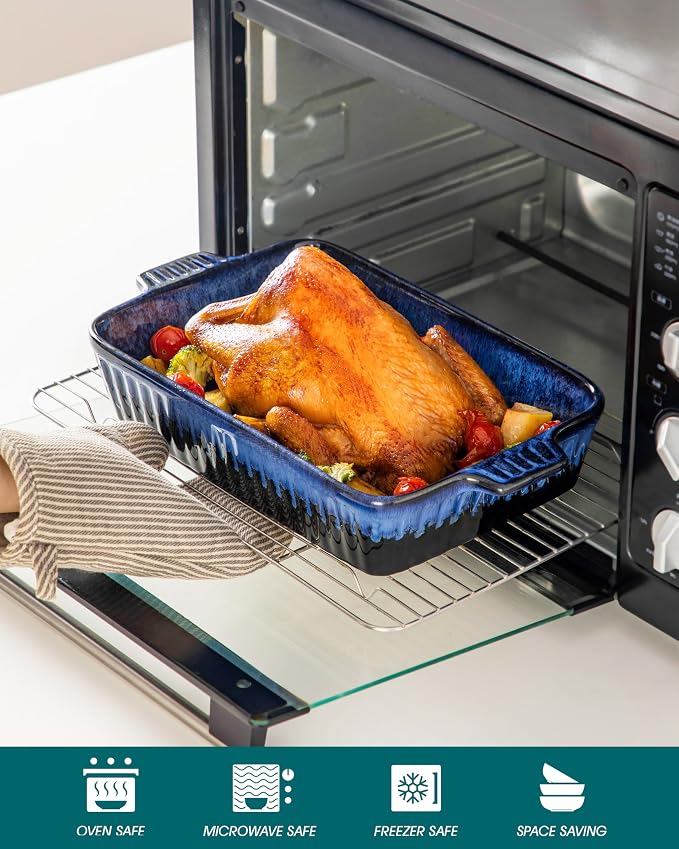 vancasso Ceramic Casserole Dishes for Oven, Reactive Glaze Bakeware Set of 4, Deep Rectangular Baking Dishes with Handles, Lasagna Pan Set, Microwave & Dishwasher Safe, Blue (9.4"/11.1"/12.2"/14.7")