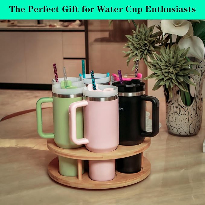 7 Slots Water Bottle Organizer for Stanley Cup Tumbler Accessories Owala Bottle Holder Rotatable Drying Rack Storage for Kitchen Cabinet Countertop Pantry Organizers for Gift, Natural Wood