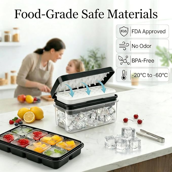 Ice Cube Tray with Lid and Bin, Ice Trays for Freezer with 40 Cubes, Easy-Release Silicone Ice Cube Molds, Stackable Ice Bucket Kits with Stainless Steel Ice Tongs for Drinks, Coffee, Cocktail