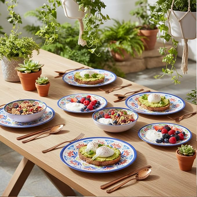 Dinnerware Set 12Pcs Melamine Plates and Bowls (Blue Flower) | Wedding Gift,Parties,Home,Service,Durable,Floral Pattern,Tableware Dinner, Salad Dessert Plates,Housewarming