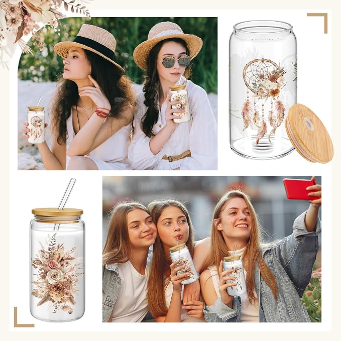 Mumufy 4 Pack Wildflower Glass Cups Gift Aesthetic Cute Glass Cup Tumbler Flower Iced Coffee Mugs 16 oz with Bamboo Lid & Straw, for Wedding Birthday Bridesmaid Mom Baby Shower