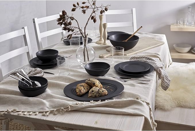 Oneida Black Ridge Piece Dinnerware Set, 12 Count, Dorm Room Essentials, First Apartment