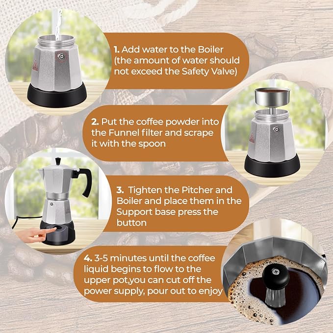 Electric Aluminum Moka Pot 3-6 Cup 150-270ml Espresso Maker with Detachable Base Ideal Coffee Makers for Home MochaPot Italian and Cuban Café Coffeemaker Espressomaker CoffeePot Silver