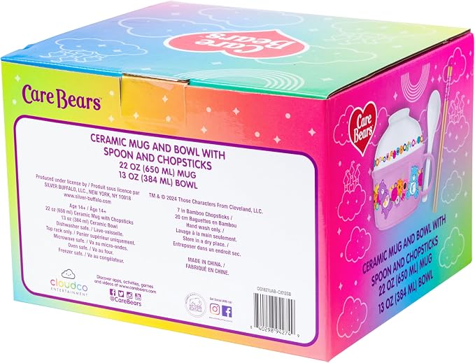 Silver Buffalo Care Bears Soup Mug and Bowl Lid with Spoon and Chopsticks Featuring Bedtime Bear, Best Friend Bear, Wish Bear, and Cheer Bear, 13 Ounce Bowl Lid and 22 Ounce Mug