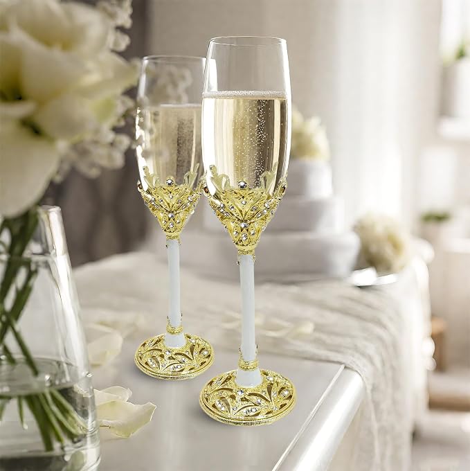 Champagne Flutes -His and Hers,Wedding Toasting Glasses for Engagement Celebrations, Bridal Shower and Registry Idea, Tall Wine Glasses for Bride and Groom Gifts,7oz (Gold&white)