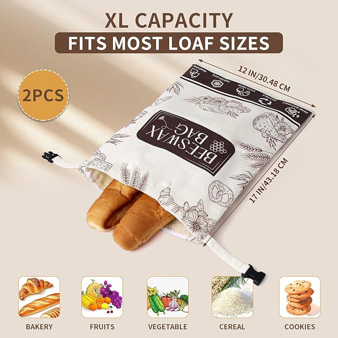 2 Pack Organic Beeswax Bread Bags for Bread & Sourdough, XL Organic Linen Reusable Bread Storage Bag with Removable Double Bags for Easy Cleaning, Food-Safe, Plastic-Free, Keeps Bakes Fresh Longer | Reusable, Non-Plastic, Removable Bags, Eco-Friendly