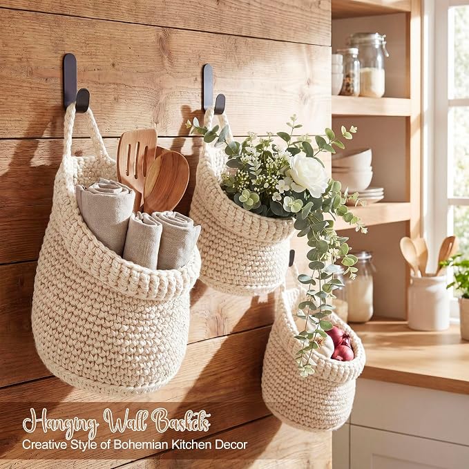 Honeydak Boho Decor Hanging Wall Baskets for Kitchen 3 Pack Teardrop Baskets with Hooks Storage Fruit Onion Vegetable Potato for Home 3 Sizes(White,Barrel,Cotton Rope)