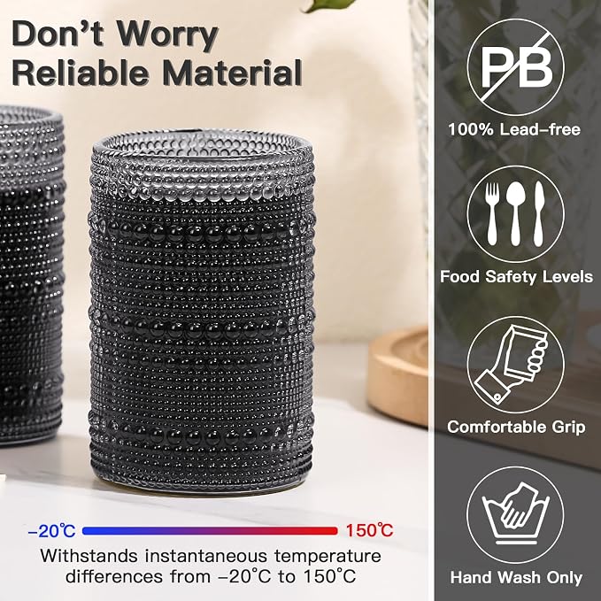 JOVGANK Grey Vintage Hobnail Drinking Glasses Set of 6, Embossed Water Tumbler 15oz, Kitchen & Bar Beaded Highball Glasses, Beverage Glass Cups for Water, Beer, Juice, Housewarming Gift