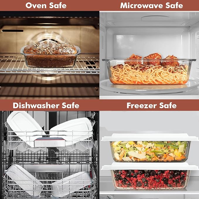 Razab LARGE 7.6 Cups/1800 ML/1.9 Qt Glass Loaf Pan with Lids - Meatloaf Pan BPA free Airtight Lids Grip Handle Easy Carry, Microwave and Oven Safe - Loaf Pans For Baking Bread, Cakes, Glass Loaf Pan