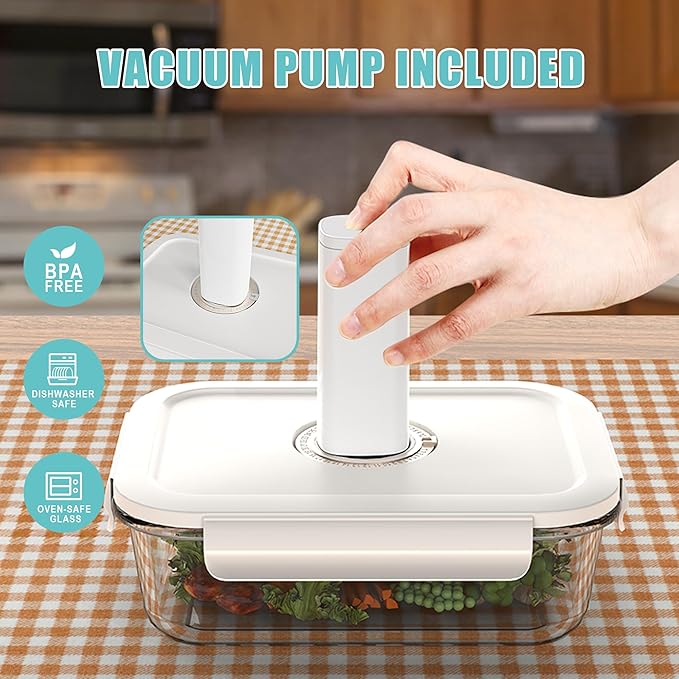 Vacuum Seal Glass Food Storage Containers, 6pcs Containerswith 10pcs Sous Vide Bags/ 1pc Automatic Pump, Meal Prep Container with Airtight Locking Lids for Lunch,Long-Lasting Freshness