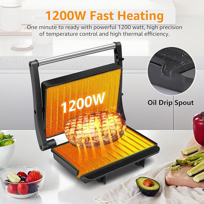 Aigostar Panini Press, Sandwich Maker Grill 1200W with Ceramic Non-stick Plates, Opens 180 Degrees for Any Size Food, Stainless Steel Surface & Removable Drip Tray, Silver